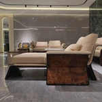 Warm Sand Leather Sofa Set with Natural Burl Wood Veneer, Polished Stainless Steel Trim & Fluid Curved Silhouette
